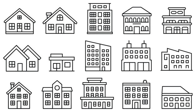 Building outline: Set of building in outline. architecture vector art, city silhouette, urban development, construction project, real estate icon.
