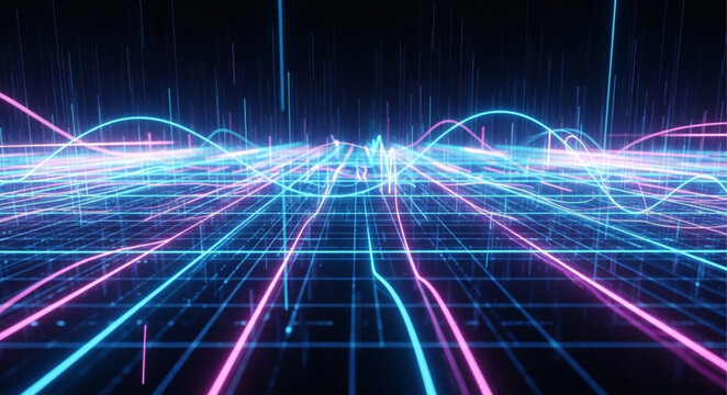 Abstract digital network grid with glowing neon lines.