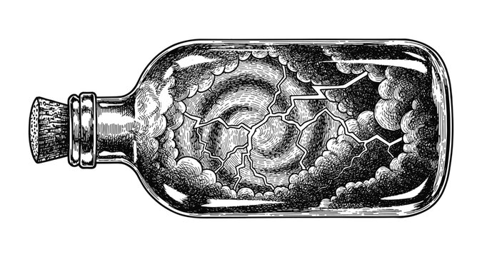 Stormy weather trapped inside glass bottle vintage vector drawing on background.