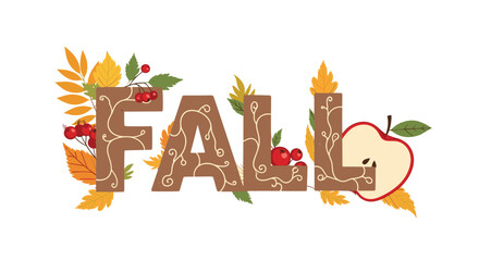 Fototapeta premium Fall season illustration shows the word fall in a decorative font adorned with swirling vines, autumn leaves, and red berries.