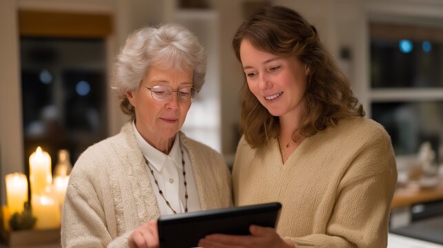 Occupational therapist evaluates smart home integration for client with mobility challenges, automated lighting and appliance controls installed throughout accessible living space, candlelit