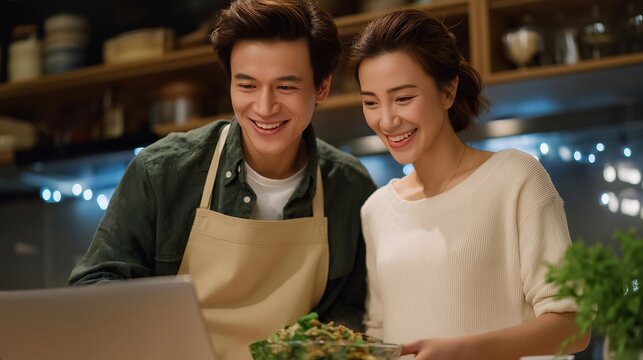 Long distance couple maintaining connection through synchronized cooking sessions, screens propped in separate kitchens, same recipe different continents, perfect for digital intimacy creativity,