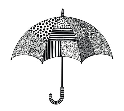 Patterned vector umbrella sketch with decorative patchwork textures and designs.