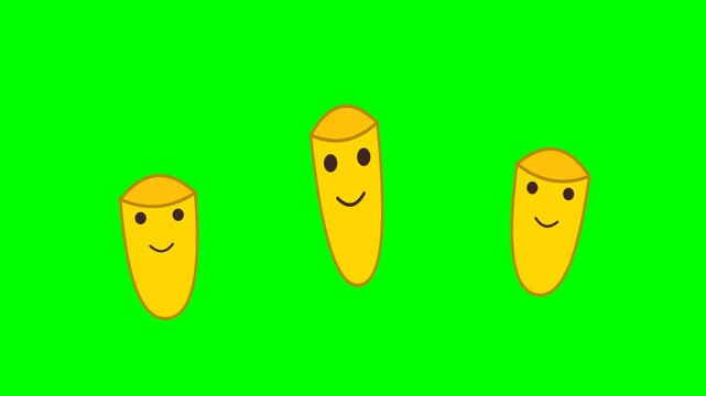 Animated cartoon corn kernels with happy faces jumping on green screen.