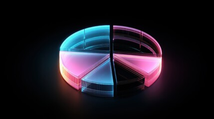 Obraz premium Futuristic pie chart, translucent neon segments, glowing edges, dark background contrast, financial data visualization, 3D illustration