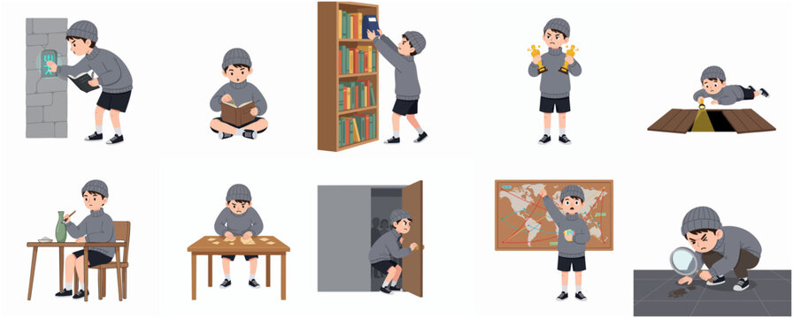 Cartoon boy character set in thief and detective poses, featuring heist actions, mystery investigation, and stealthy movements isolated on white background.