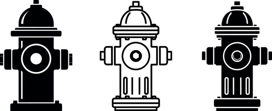 Fire hydrant icons in silhouette outline filled styles with water source public utility street furniture fire department firefighting emergency