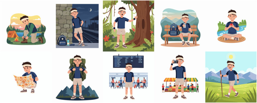 Collection of flat vector illustrations of a young man traveling, hiking, camping and exploring various locations during an outdoor adventure.