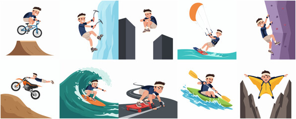 Collection of Extreme Sports Activities Featuring Young Man Character: Surfing, Climbing, Skateboarding, Kayaking and Wingsuit Flying Vector Illustration © Haimura