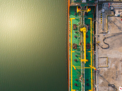 Aerial View of Oil Tanker Loading and Unloading Operations at Port
