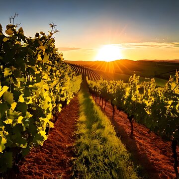 Golden sunset over rolling vineyard hills