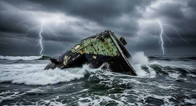 Ancient shipwreck braves a relentless ocean storm, illuminated by dramatic lightning strikes, a testament to nature's fury