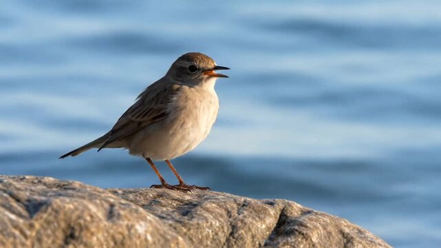 Small pale brown songbird, possibly a wheatear, perched on a textured grey rock by the sea with a blurred blue water background in soft natural golden hour light during the day.