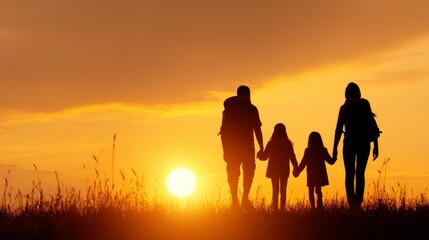 Fototapeta premium Family bonding at sunset outdoor family activity nature silhouette view togetherness concept