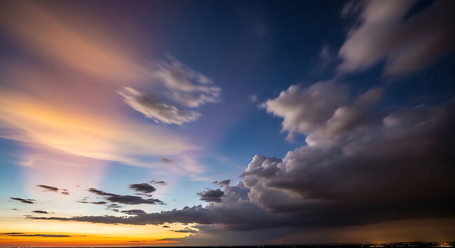 Dynamic and ethereal twilight sky with dramatic storm clouds contrasting vibrant sunset colors