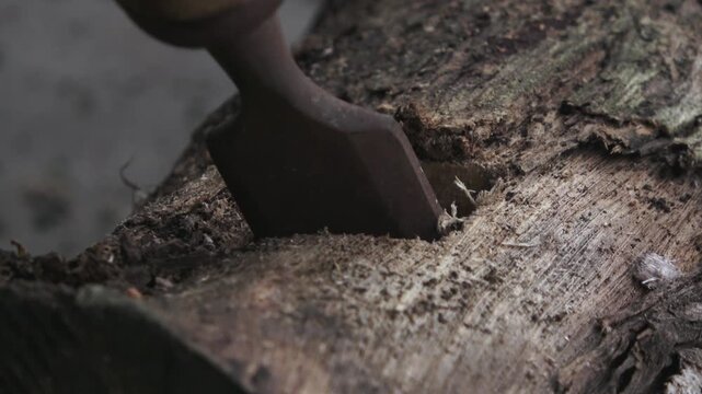 Detailed close-up shot of a professional woodworker's hand using a traditional metal chisel to carve a precise square hole into a solid teak wood block. The handheld footage captures the authentic tex