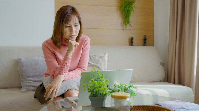 Young woman sitting on sofa using laptop in bright living room with natural window light and peaceful mood