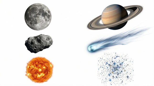 Illustration of space objects, including the Sun (Sol) and Saturn (Saturnus), isolated on a white background.