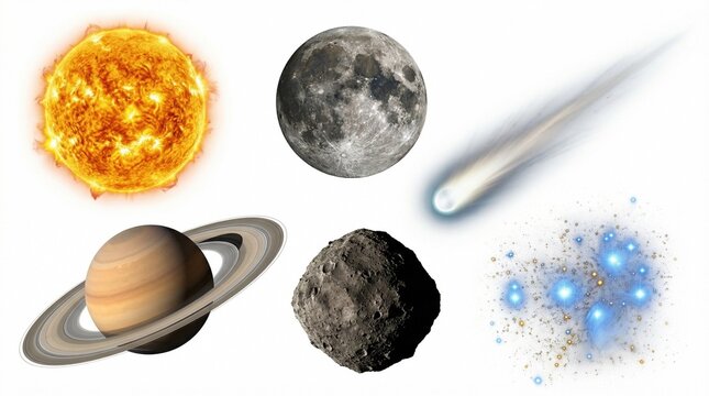 A graphic set of planets and stars: the Sun (Sol), the Moon, Saturn (Saturnus), a comet and an asteroid on a white background.