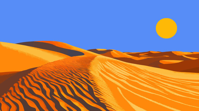 A stylized pixel art landscape features sunlit dunes under a clear blue sky and a yellow sun