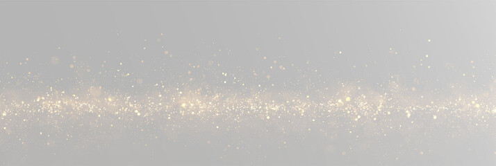 Realistic golden sparkling dust set, atmospheric glowing glitter particles and magic bokeh effect on grey background © Maxim