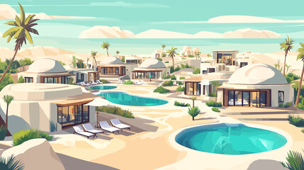 Fototapeta premium Pixelated artwork of desert resort with pools, palm trees, and villas under a blue sky