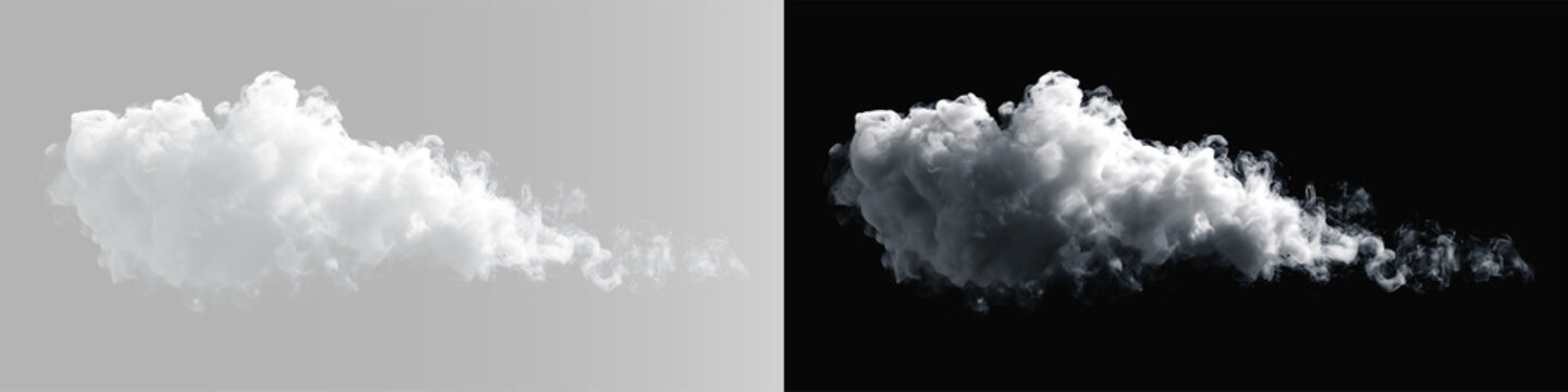 Realistic white smoke cloud set, atmospheric puff of steam or thick fog on grey and black background
