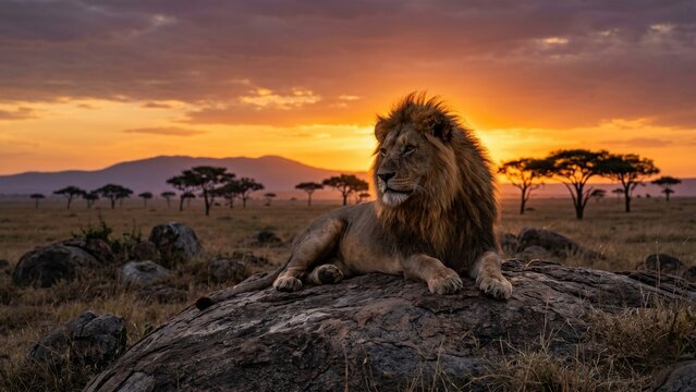 Majestic male lion resting on rocky outcrop at sunset on African savanna with golden glowing mane and dramatic orange sky