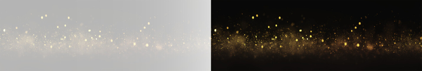 Realistic golden sparkling dust set, atmospheric glowing glitter particles and magic bokeh effect on grey and black background © Maxim