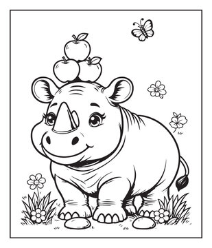 Hand drawn cartoon rhino jungle animal coloring page for kids black vector line art illustration