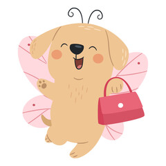 Fototapeta premium A cute puppy with butterfly wings and a pink handbag is running happily. A flat vector illustration in a simple, child-friendly style . Vector illustration