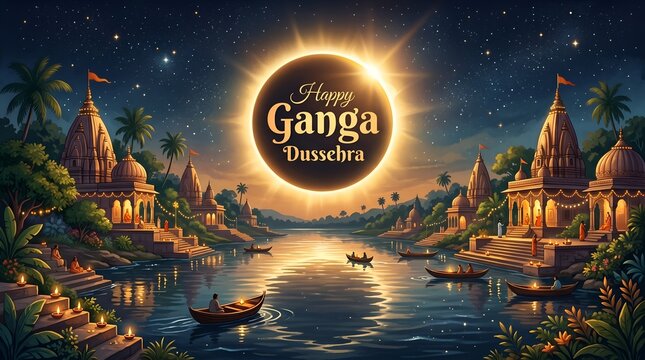 Ganga dusshera festival serene river temple landscape with glowing sun halo reflection in water peaceful indian cultural scene for banner greeting design template