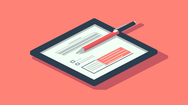 Isometric view of a clipboard with a pencil on top, on a salmon background