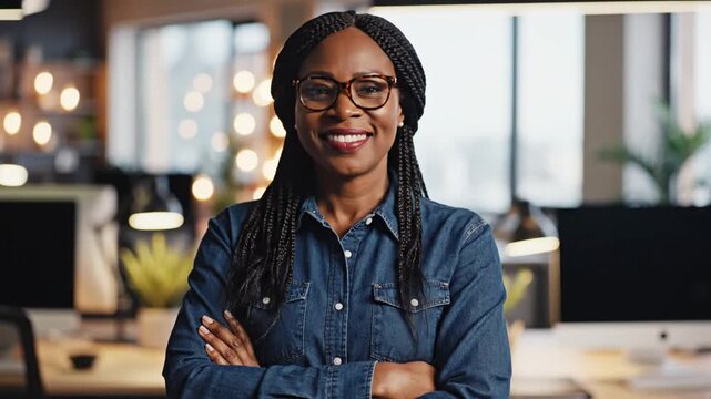 Smiling Black woman with braided hair wearing tortoiseshell glasses and a denim shirt standing with arms crossed in a modern, brightly lit office interior with blurred desks.