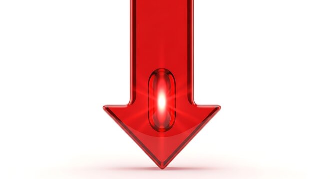 Shiny red glass arrow pointing downward against a white background representing a drop in statistics or negative financial business trends.