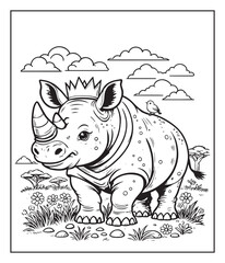 Hand drawn cartoon rhino jungle animal coloring page for kids black vector line art illustration