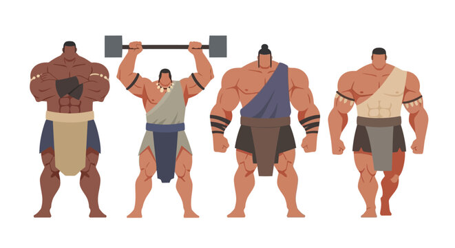 Vector illustration of four muscular ancient warriors in traditional attire