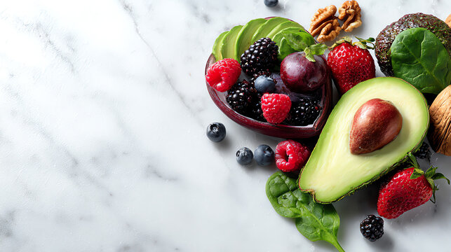 Fresh and colorful assortment of healthy fruits, nuts, and greens on a marble surface, ideal for nutrition-focused content.