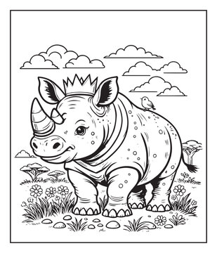 Hand drawn cartoon rhino jungle animal coloring page for kids black vector line art illustration