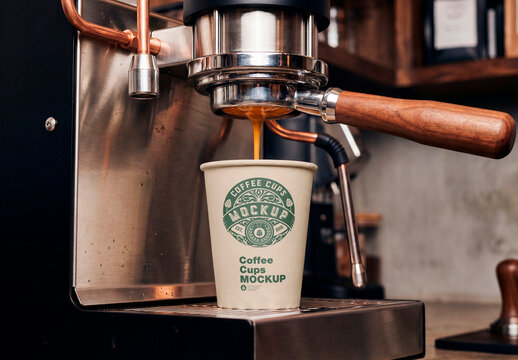 Espresso machine pouring coffee into paper cup cafe scene