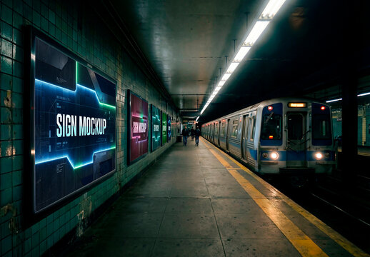 Subway station billboard mockups with train arrival