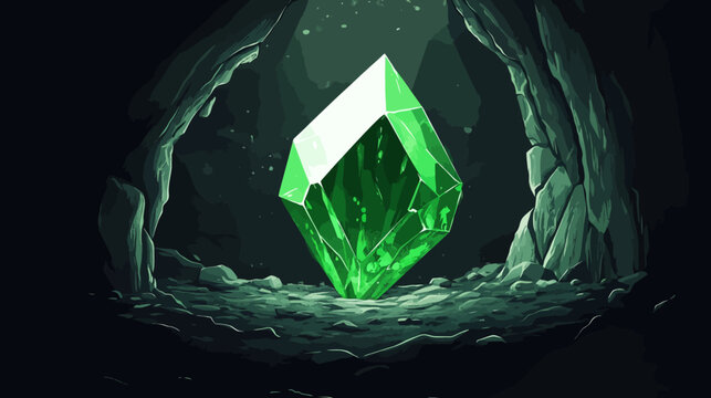 Digital art featuring a large, glowing green crystal in a dark cave, abstract with pixelated style