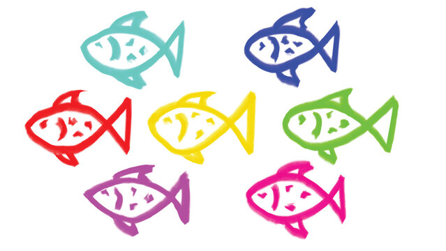 Collection of colorful crayon boxfish doodles in crayon nobodystyle on transparent background. Suitable for crayon border marine themes, kids designs, and decorative illustrations