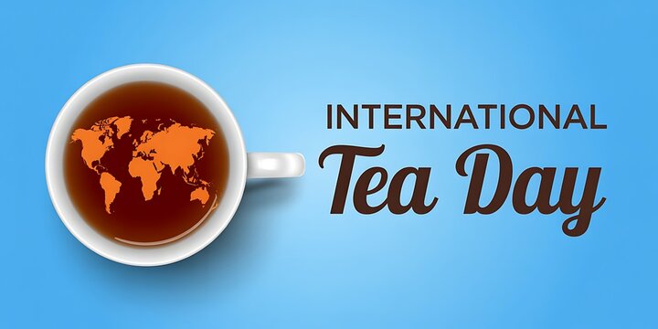 International tea day concept with a cup of tea and world map on a blue background