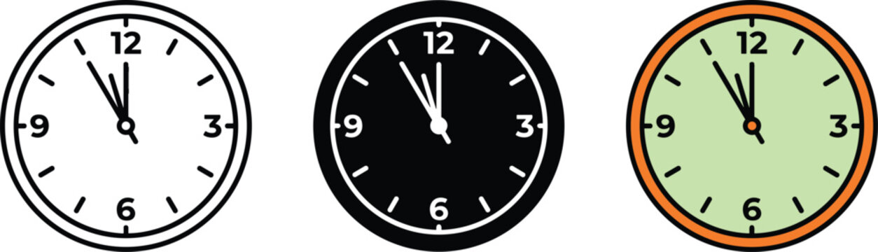 Clock icon set for time management and scheduling outline, solid and color styles, white background