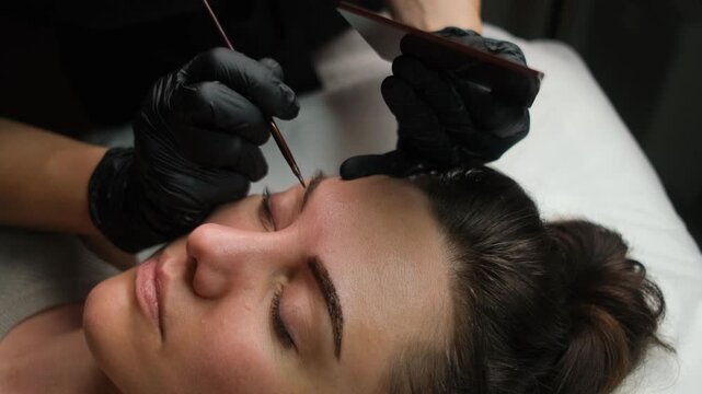 Professional cosmetologist in black gloves performing an eyebrow lamination procedure on a female client