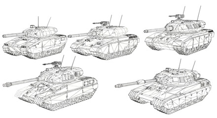 Heavy Armored Tank Side View Technical Line Drawing Isolated Vector Illustration © Best Design_Academy