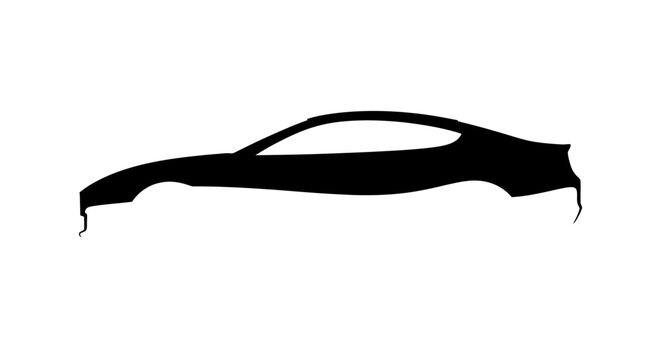 A black silhouette of a modern sports car profile isolated on a white background
