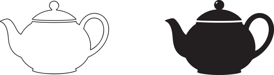 Obraz premium Teapot kitchen icon for tea brewing black silhouette and outline.