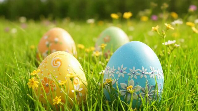 Colorful Decorated Easter Eggs Placed Beautifully in Fresh Green Meadow